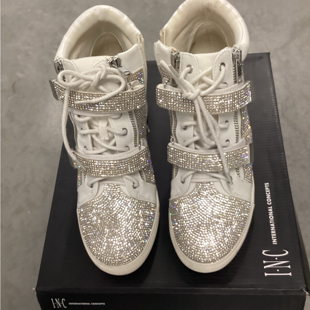 INC International Concepts White and Silver Embellished Sneakers